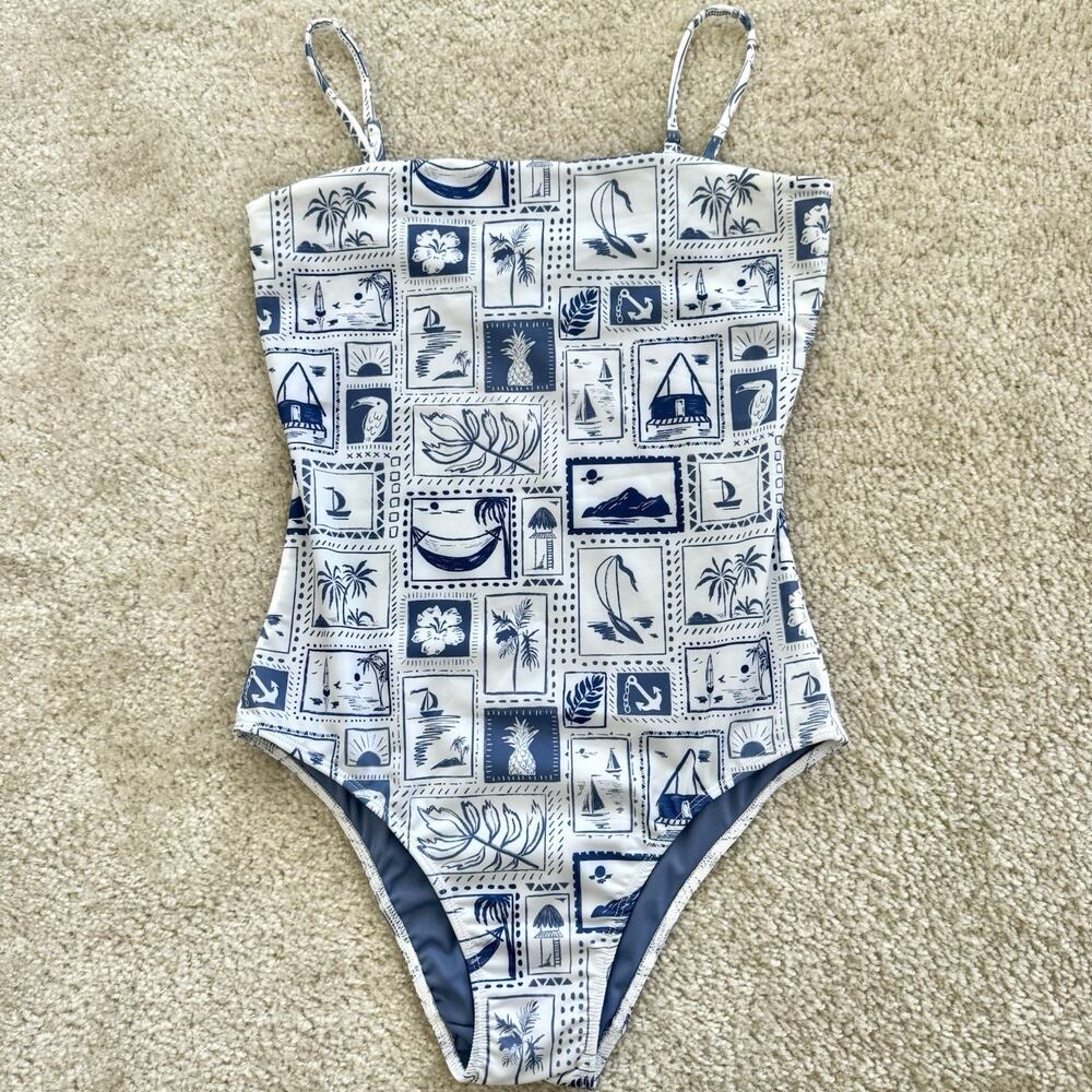 MABLE Womens Large One Piece Swimsuit Blue White Boutique Nautical Beach Print